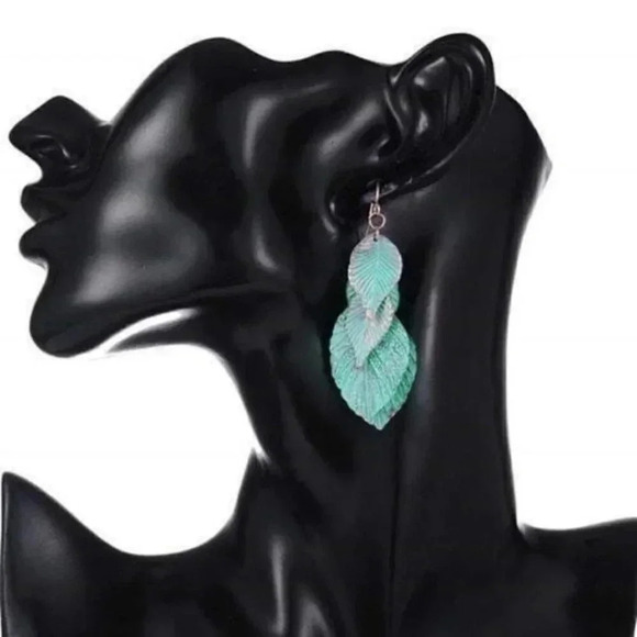 Rustic Blue Green Patina Verdigris Textured Leaves Dangle Earrings - Picture 5 of 5